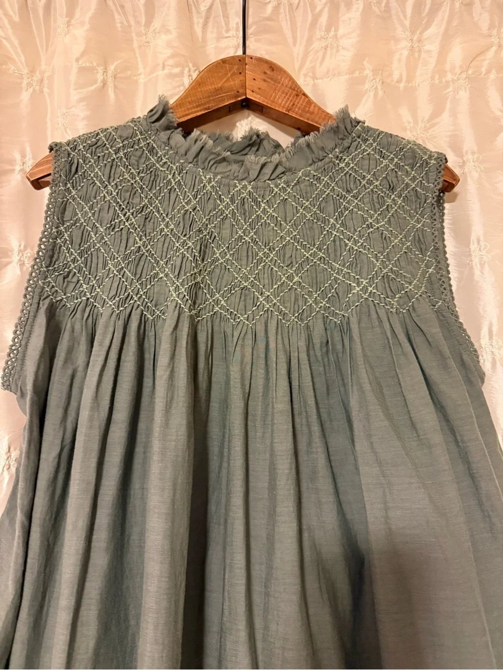 Free People Shea Smocked Yoke Shift Mini Dress Dried Basil Green Olive XS